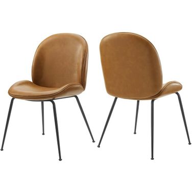 Scoop Black Powder Coated Steel Leg Vegan Leather Dining Chairs Set of 2 In Tan