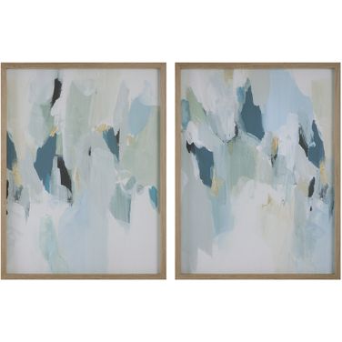 Seabreeze Abstract Framed Canvas Prints Set of 2 In Natural Gray and Blue