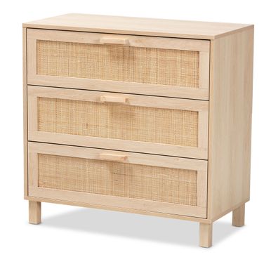 Sebille Wood 3 Drawer Storage Cabinet with Natural Rattan In Light Brown