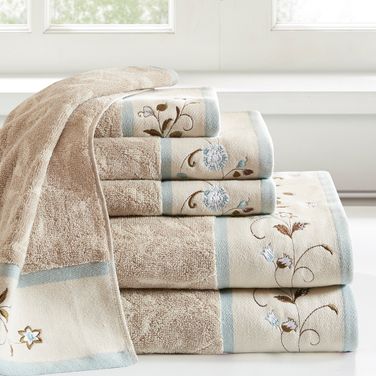 Serene Embroidered Cotton Jacquard 6 Piece Towel Set In Blue