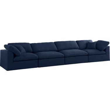 Serene Linen Textured Fabric Deluxe Comfort 4 Seater Modular Sofa with Arm Support In Navy