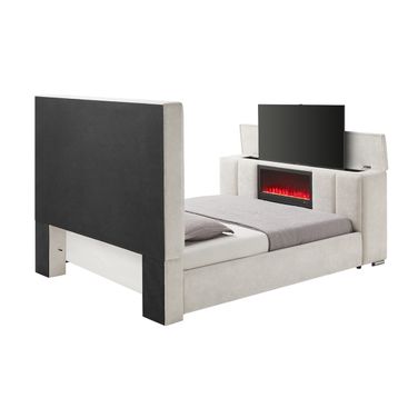 Serenity King Upholstered Bed with Speaker, TV Lift and Fireplace In Cream