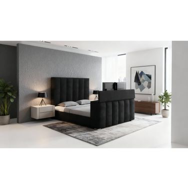 Serenity King Upholstered Bed with Speaker, TV Lift and Fireplace In Onyx