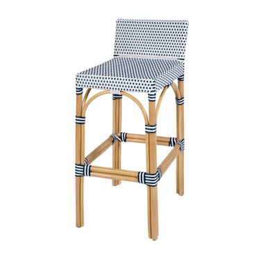 Serienna 30" Rectangular Rattan Low Back Bar Stool In White and Navy