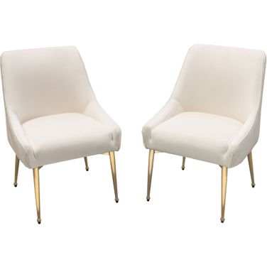 Set of 2 Quinn Dining Chairs with Vertical Outside Pleat Detail and Contoured Arm in Cream Velvet with Brushed Gold Metal Leg