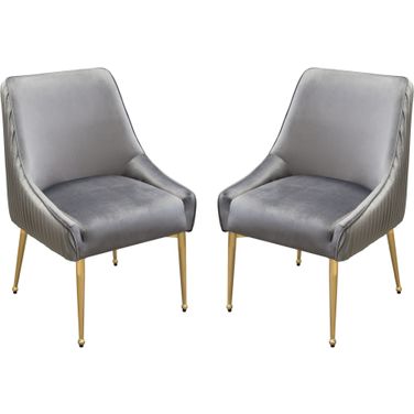 Set of 2 Quinn Dining Chairs with Vertical Outside Pleat Detail and Contoured Arm in Grey Velvet with Brushed Gold Metal Leg