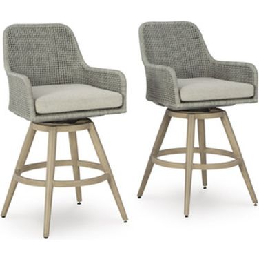 Seton Creek Outdoor Bar Height Barstool with Cushion Set of 2 In Gray and Beige