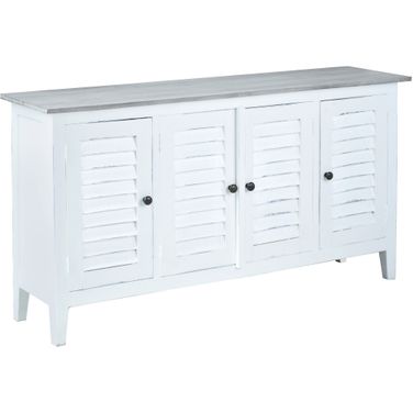 Shabby Chic Cottage 59 Inch Shutter Door Credenza In White and Gray