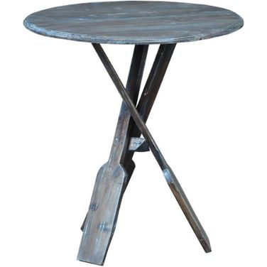 Shabby Chic Cottage Distressed Brown and Blue Round Boat Oar Accent Table