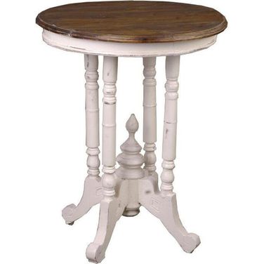 Shabby Chic Cottage Distressed White and Brown Round End Table