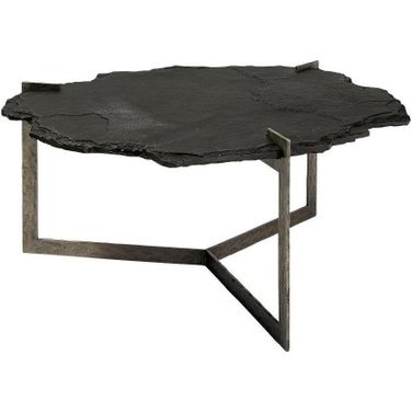 Shale 37 Inch Irregular Live-Edge Black Slate With Flat Iron Base Coffee Table
