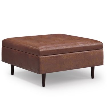 Shay Vegan Faux Leather Mid Century Large Square Coffee Table Storage Ottoman In Distressed Saddle Brown
