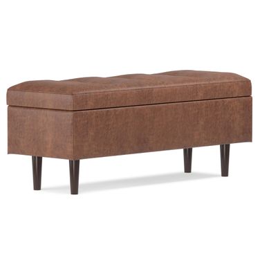 Shay Vegan Faux Leather Mid Century Rectangular Storage Ottoman In Distressed Saddle Brown