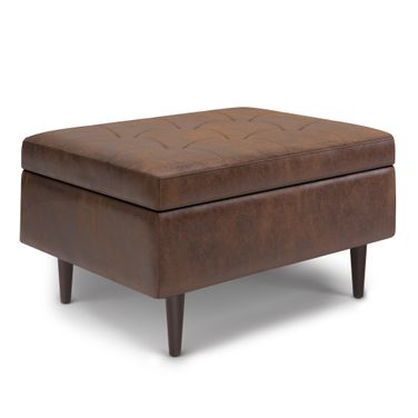 Shay Vegan Faux Leather Mid Century Small Coffee Table Storage Ottoman In Distressed Chestnut Brown