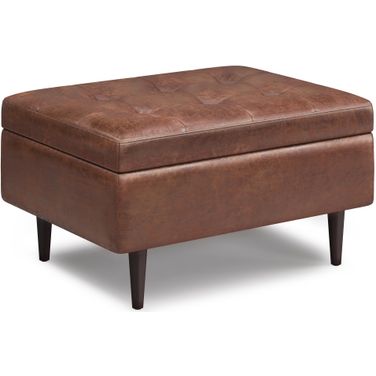Shay Vegan Faux Leather Mid Century Small Coffee Table Storage Ottoman In Distressed Saddle Brown