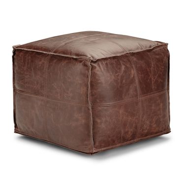 Sheffield Genuine Leather Square Pouf In Brown