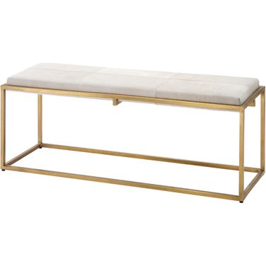 Shelby Bench in White Hide & Antique Brass Metal