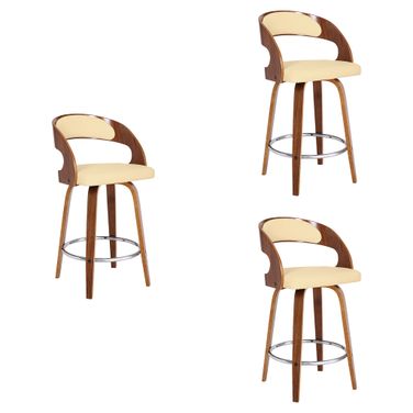 Shelly 26 Inch Counter Height Swivel Bar Stool Set of 3 In Cream and Walnut