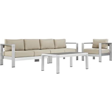 Shore Silver Beige 4 Piece Outdoor Patio Aluminum Sectional Sofa Set EEI-2563-SLV-BEI