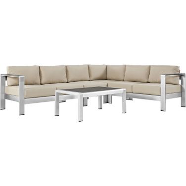 Shore Silver Beige 5 Piece Outdoor Patio Aluminum Sectional Sofa Set EEI-2557-SLV-BEI
