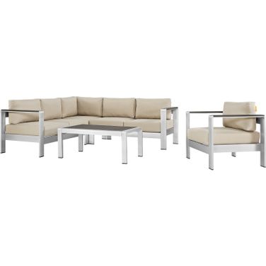 Shore Silver Beige 5 Piece Outdoor Patio Aluminum Sectional Sofa Set EEI-2560-SLV-BEI