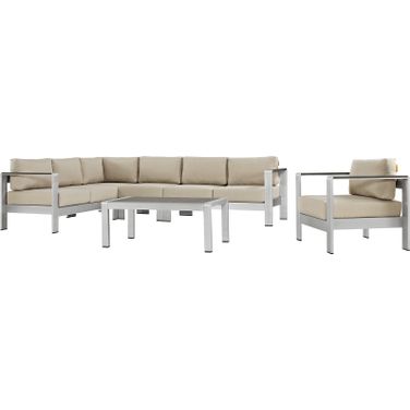 Shore Silver Beige 6 Piece Outdoor Patio Aluminum Sectional Sofa Set EEI-2558-SLV-BEI
