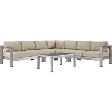 Shore Silver Beige 6 Piece Outdoor Patio Aluminum Sectional Sofa Set EEI-2561-SLV-BEI