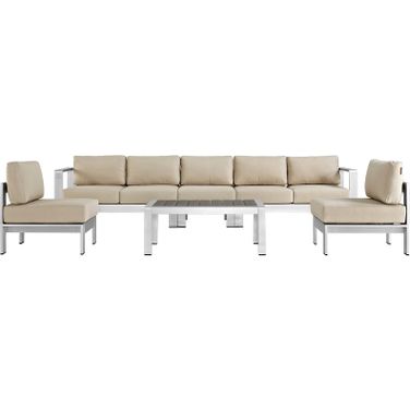 Shore Silver Beige 6 Piece Outdoor Patio Aluminum Sectional Sofa Set EEI-2565-SLV-BEI