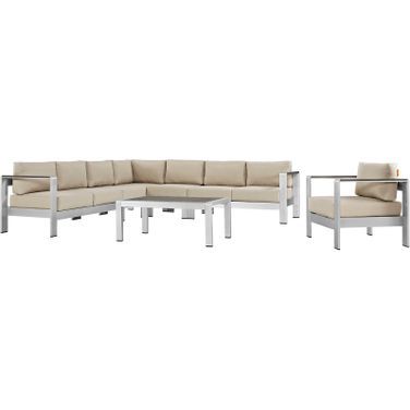 Shore Silver Beige 7 Piece Outdoor Patio Aluminum Sectional Sofa Set EEI-2562-SLV-BEI