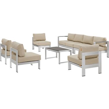 Shore Silver Beige 7 Piece Outdoor Patio Sectional Sofa Set EEI-2566-SLV-BEI