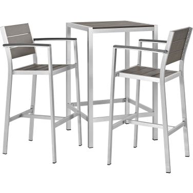Shore Silver Gray 3 Piece Patio Aluminum Outdoor Pub Set EEI-3157-SLV-GRY-SET