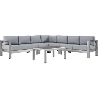 Shore Silver Gray 6 Piece Outdoor Patio Aluminum Sectional Sofa Set EEI-2561-SLV-GRY
