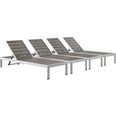Shore Silver Gray Chaise Outdoor Patio Aluminum Set of 4 EEI-2468-SLV-GRY-SET