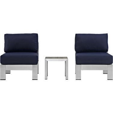 Shore Silver Navy 3 Piece Outdoor Patio Aluminum Sectional Sofa Set