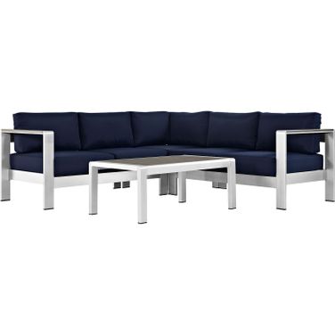 Shore Silver Navy 4 Piece Outdoor Patio Aluminum Sectional Sofa Set EEI-2559-SLV-NAV