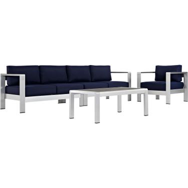 Shore Silver Navy 4 Piece Outdoor Patio Aluminum Sectional Sofa Set EEI-2563-SLV-NAV