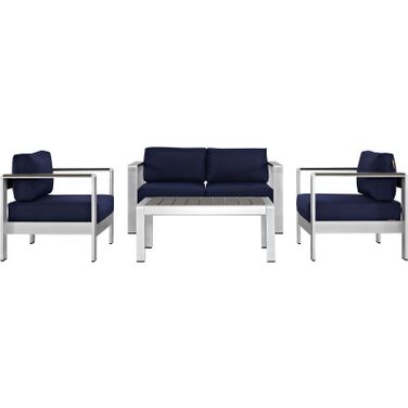 Shore Silver Navy 4 Piece Outdoor Patio Aluminum Sectional Sofa Set EEI-2567-SLV-NAV
