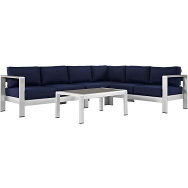 Shore Silver Navy 5 Piece Outdoor Patio Aluminum Sectional Sofa Set EEI-2557-SLV-NAV