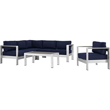 Shore Silver Navy 5 Piece Outdoor Patio Aluminum Sectional Sofa Set EEI-2560-SLV-NAV