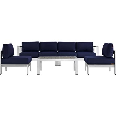 Shore Silver Navy 5 Piece Outdoor Patio Aluminum Sectional Sofa Set EEI-2564-SLV-NAV