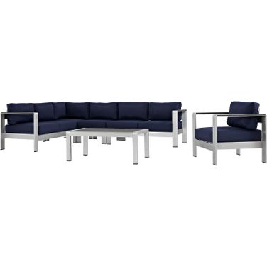 Shore Silver Navy 6 Piece Outdoor Patio Aluminum Sectional Sofa Set EEI-2558-SLV-NAV