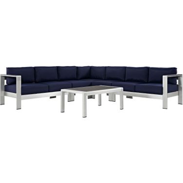 Shore Silver Navy 6 Piece Outdoor Patio Aluminum Sectional Sofa Set EEI-2561-SLV-NAV