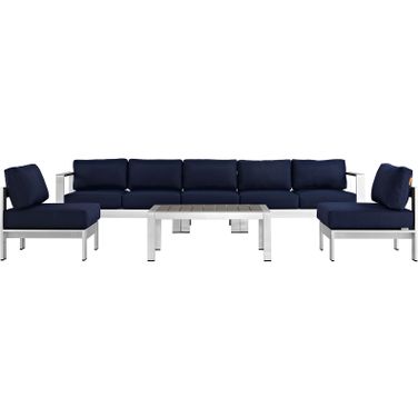 Shore Silver Navy 6 Piece Outdoor Patio Aluminum Sectional Sofa Set EEI-2565-SLV-NAV
