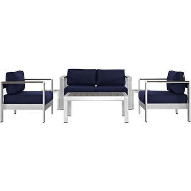 Shore Silver Navy 6 Piece Outdoor Patio Aluminum Sectional Sofa Set EEI-2568-SLV-NAV