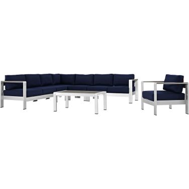 Shore Silver Navy 7 Piece Outdoor Patio Aluminum Sectional Sofa Set