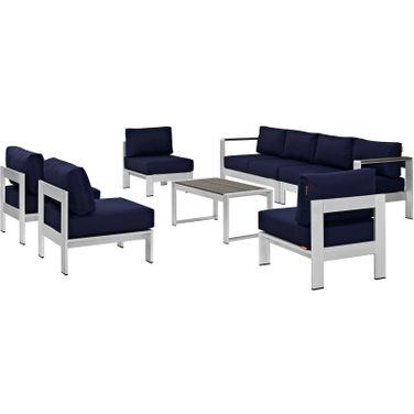 Shore Silver Navy 7 Piece Outdoor Patio Sectional Sofa Set