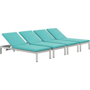 Shore Silver Turquoise Chaise with Cushions Outdoor Patio Aluminum Set of 4