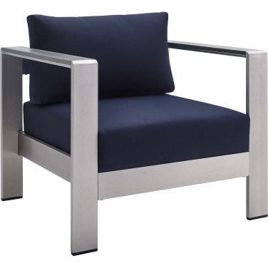 Shore Sunbrella Fabric Aluminum Outdoor Patio Armchair In Silver/Navy