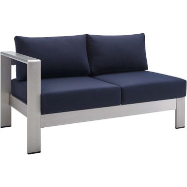 Shore Sunbrella Fabric Aluminum Outdoor Patio Left-Arm Loveseat EEI-4223-SLV-NAV