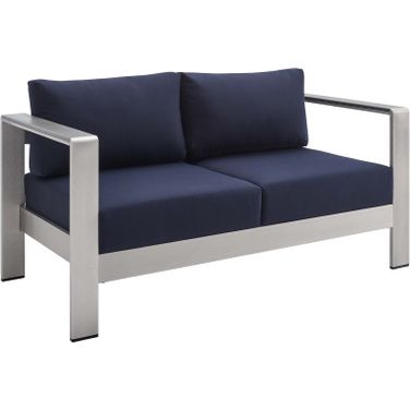 Shore Sunbrella Fabric Aluminum Outdoor Patio Loveseat EEI-4226-SLV-NAV